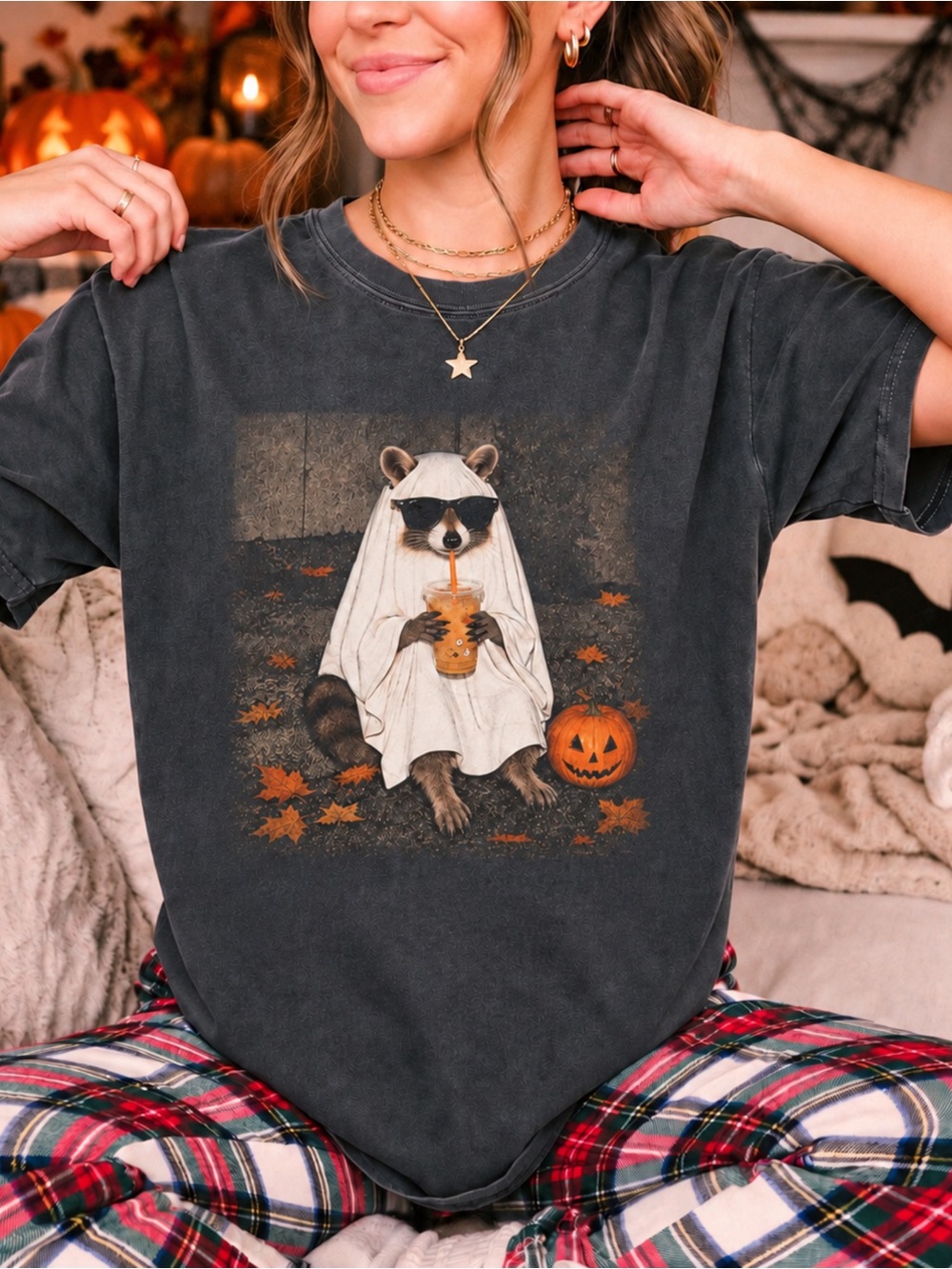 Ghost Raccoon Iced Coffee Halloween Comfort Colors 1717 T-Shirt Pepper NWT